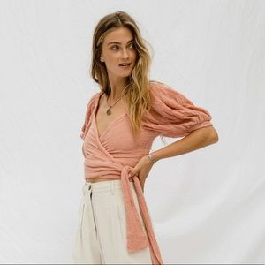 Blush wrap top with puffy sleeves